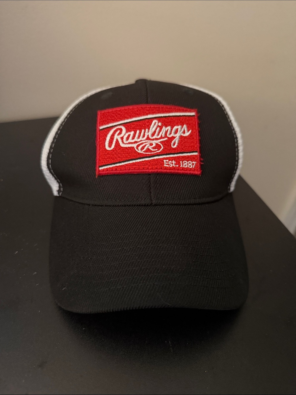 2/$25 Rawlings Black and White Mesh Trucker Hat with Red Logo Patch